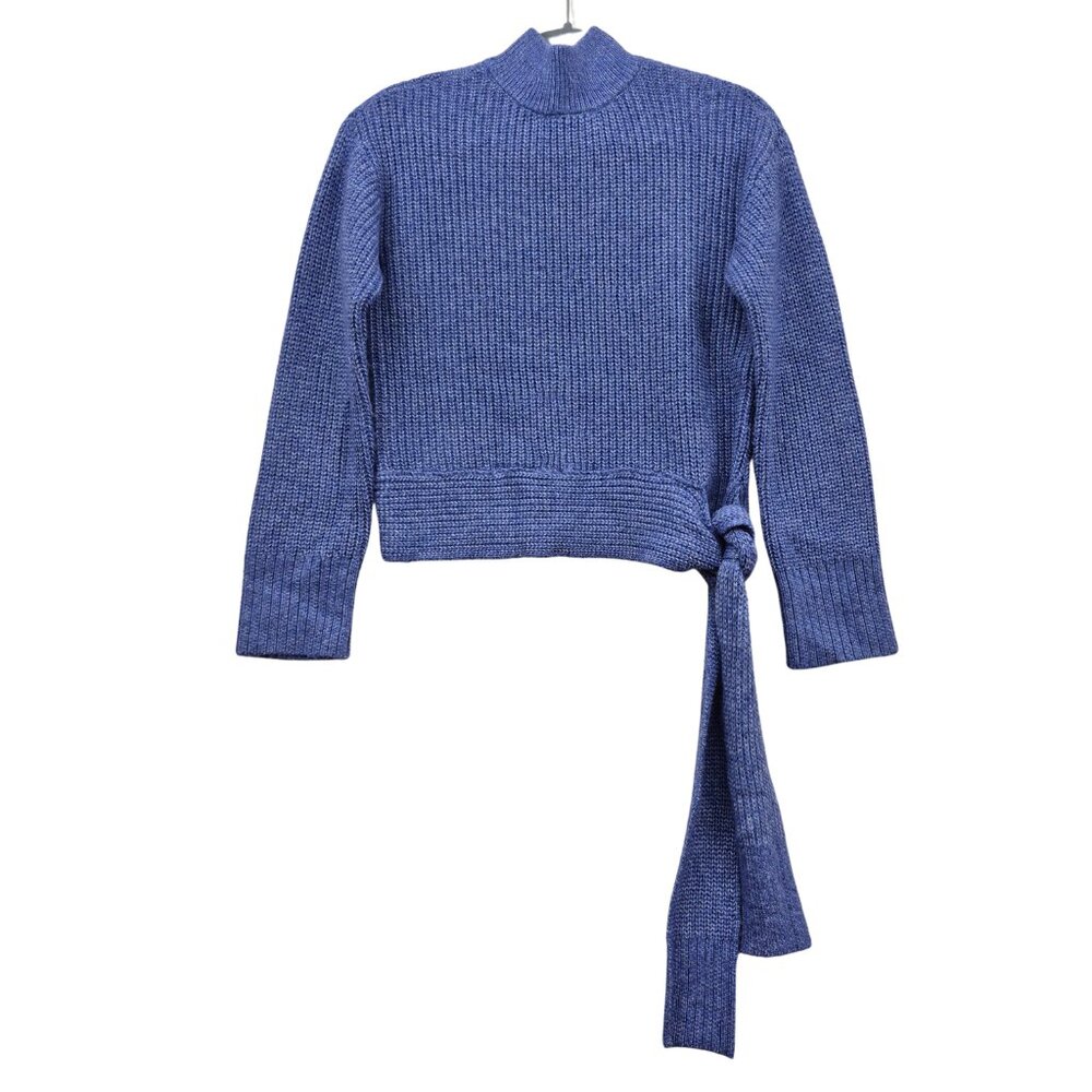 Worthington Womens XS Mock Neck Sweater Blue Waist Tie Chunky Marled Knit  - NWT
